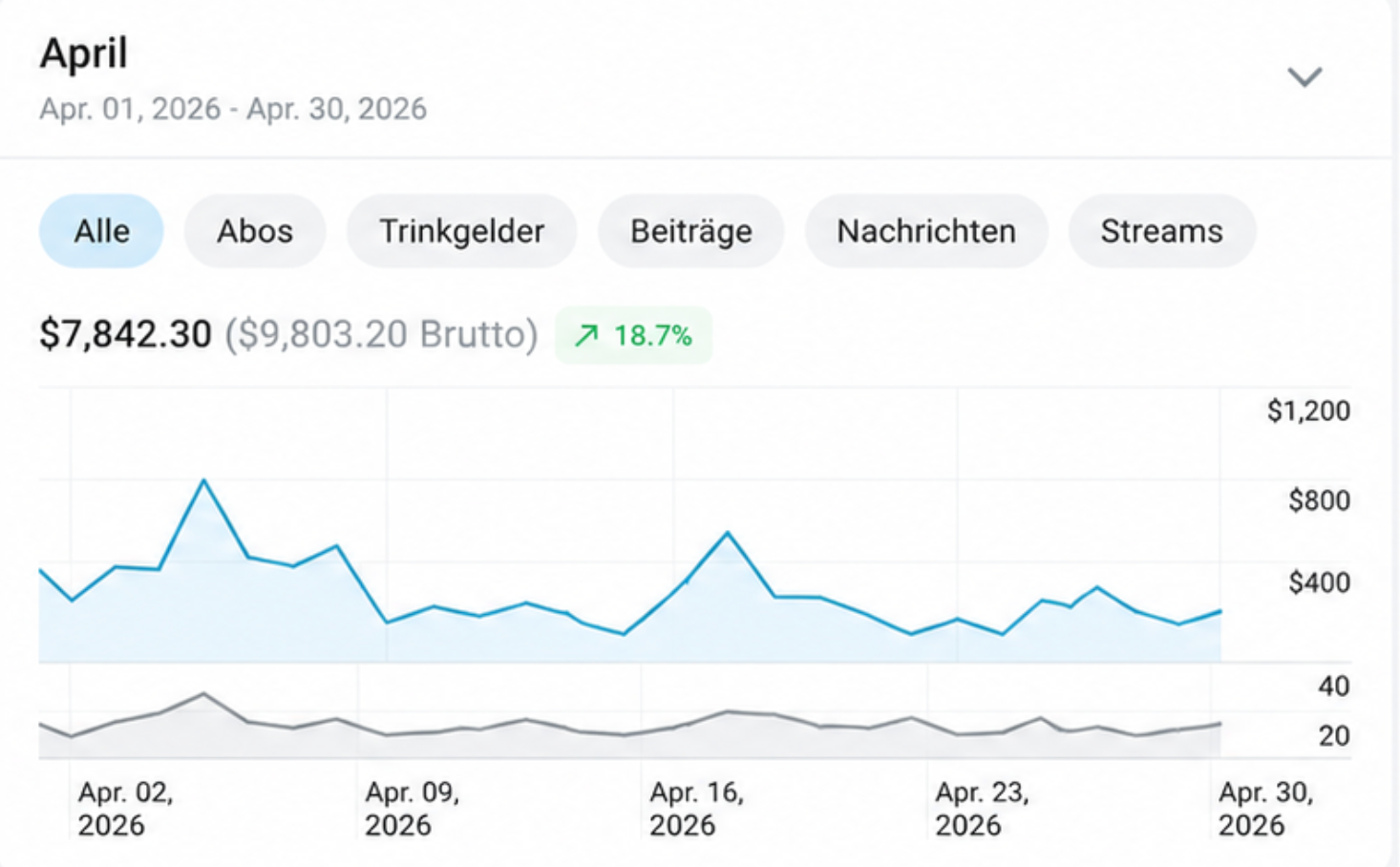 Anonymisierter April-Umsatz-Screenshot mit 7.842,30 Dollar Netto-Umsatz